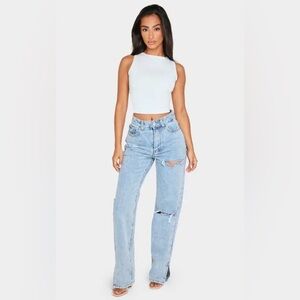 NWOT PrettyLittleThing Light Blue Distressed Straight Leg Jeans